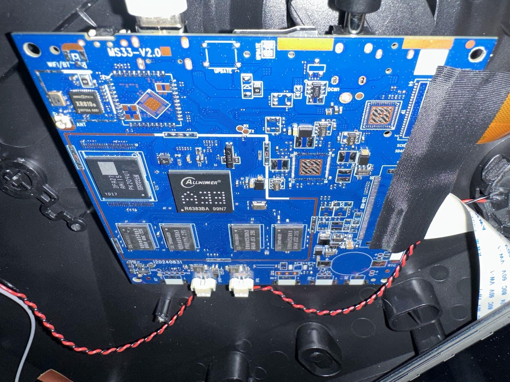 MS33-V2.0 board, showing the Allwinner R6383BA (A33) SoC, the unpopulated UPDATE button footprint, and the RX/TX serial header